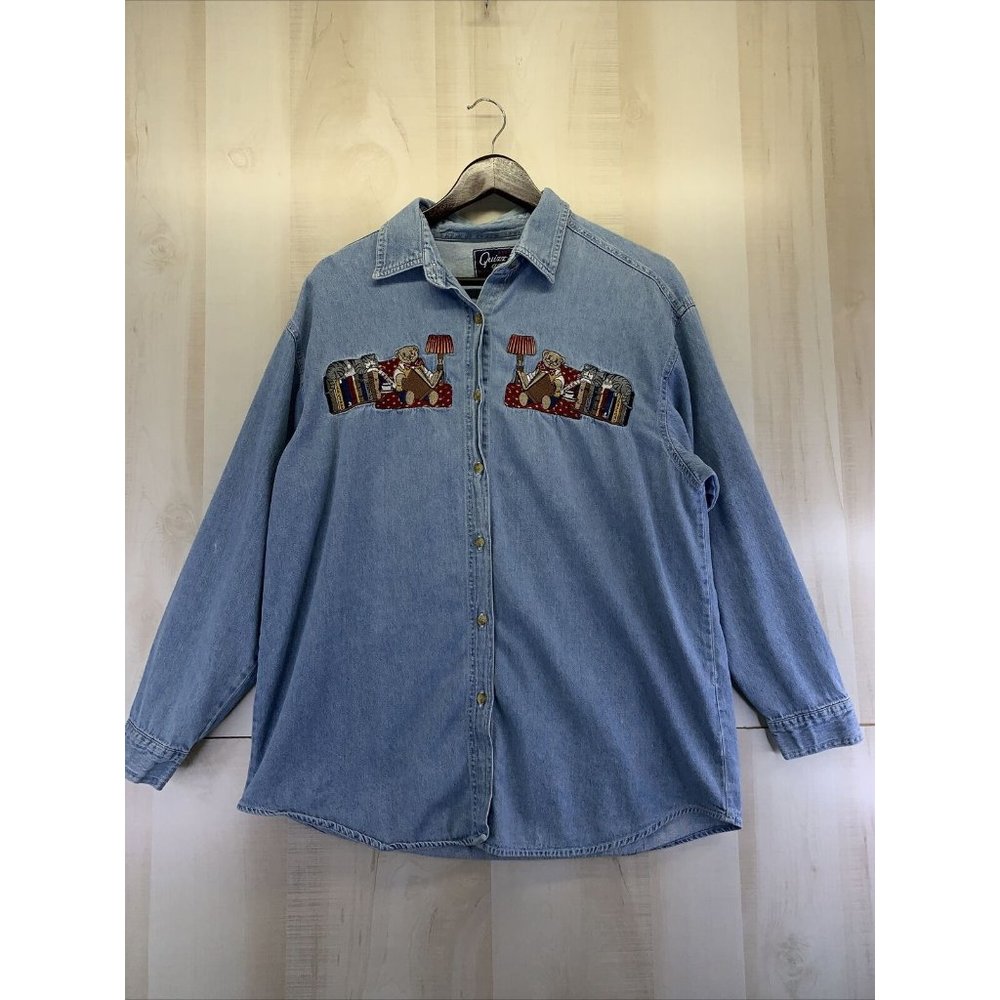 Vtg Lets Quizz Agian Teddy Bear Cat Embroidered Denim Button Up Womens Size L-